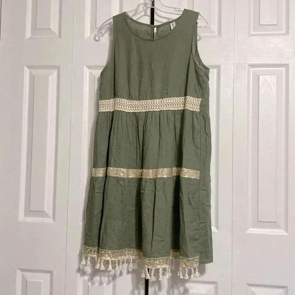New Collection green & tan linen dress size MEDIUM - Picture 1 of 15
